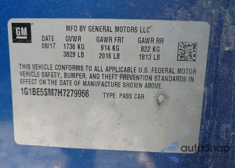 2017 Chevrolet Cruze Lt Auto z USA, uszkodzony, nr VIN 1G1BE5SM7H7279966